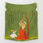 A female attendant is standing in tribhanga pose under a tree. A small child vies for her attention. Wall Tapestry Gallery Image 4