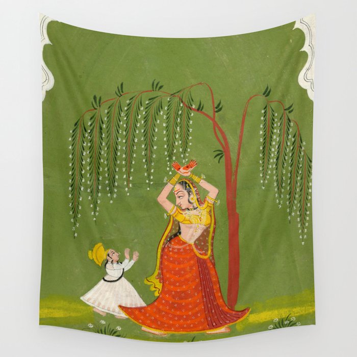 A female attendant is standing in tribhanga pose under a tree. A small child vies for her attention. Wall Tapestry Gallery Image 4