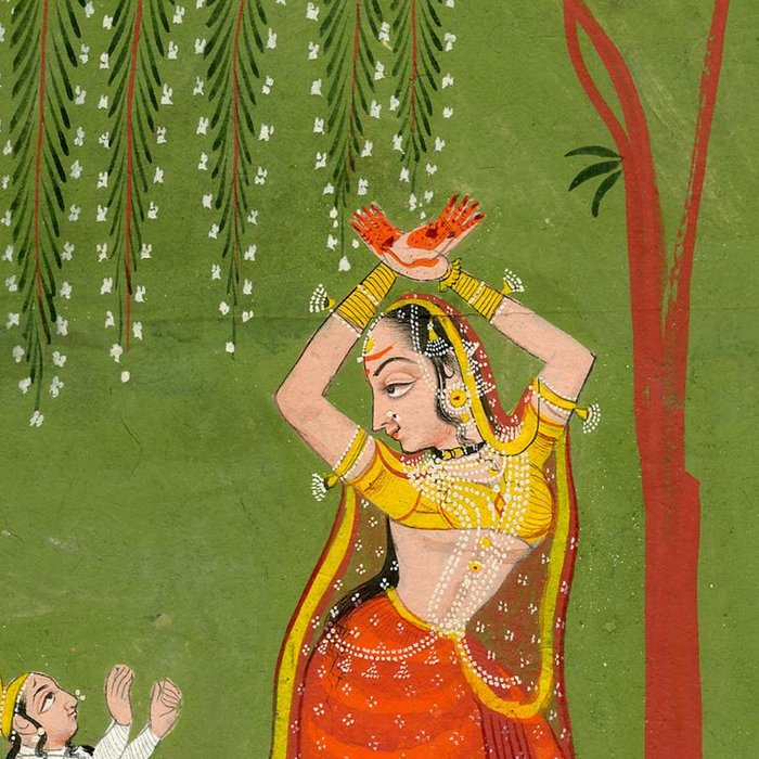 A female attendant is standing in tribhanga pose under a tree. A small child vies for her attention. Coffee Mug Gallery Image 2