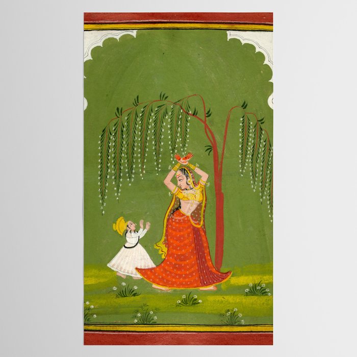 A female attendant is standing in tribhanga pose under a tree. A small child vies for her attention. Tablecloth Gallery Image 2