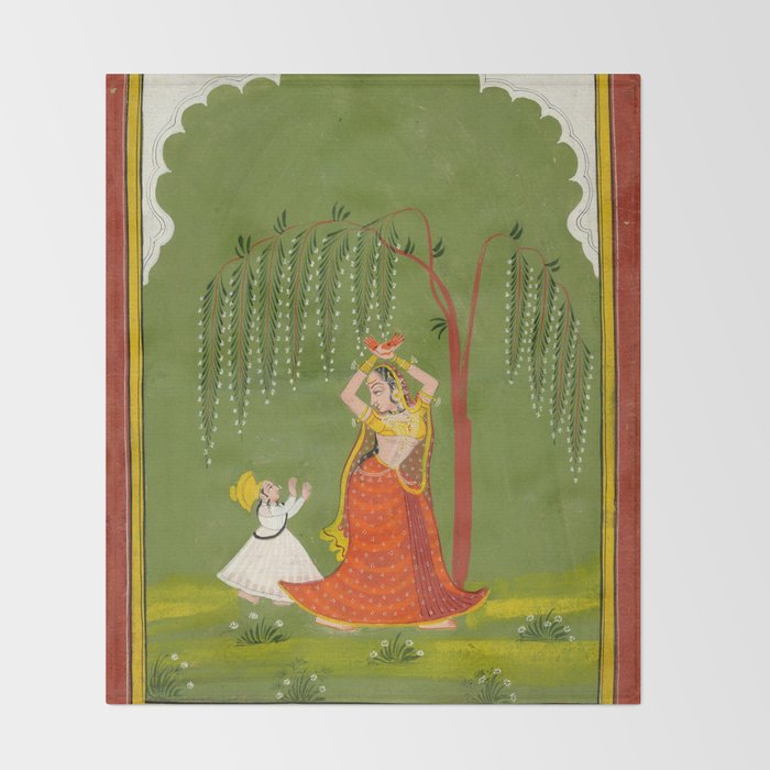 A female attendant is standing in tribhanga pose under a tree. A small child vies for her attention. Throw Blanket Gallery Image 2