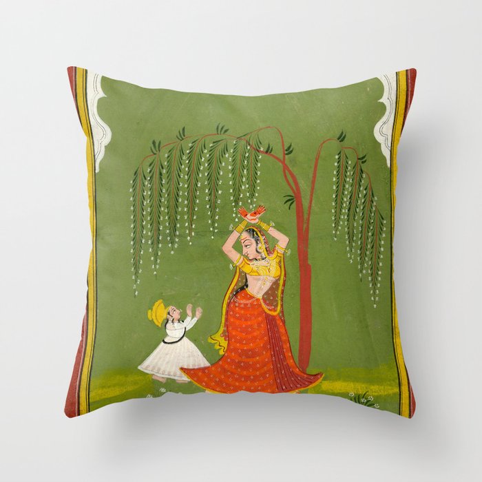 A female attendant is standing in tribhanga pose under a tree. A small child vies for her attention. Throw Pillow Gallery Image 6