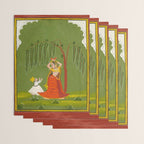 A female attendant is standing in tribhanga pose under a tree. A small child vies for her attention. Wrapping Paper Gallery Image 3