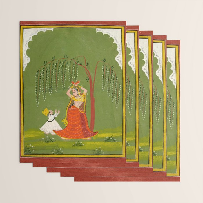 A female attendant is standing in tribhanga pose under a tree. A small child vies for her attention. Wrapping Paper Gallery Image 3