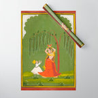 A female attendant is standing in tribhanga pose under a tree. A small child vies for her attention. Wrapping Paper Gallery Image 1