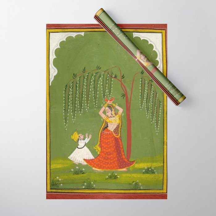 A female attendant is standing in tribhanga pose under a tree. A small child vies for her attention. Wrapping Paper Gallery Image 1