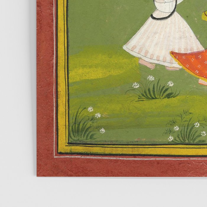A female attendant is standing in tribhanga pose under a tree. A small child vies for her attention. Poster Gallery Image 3