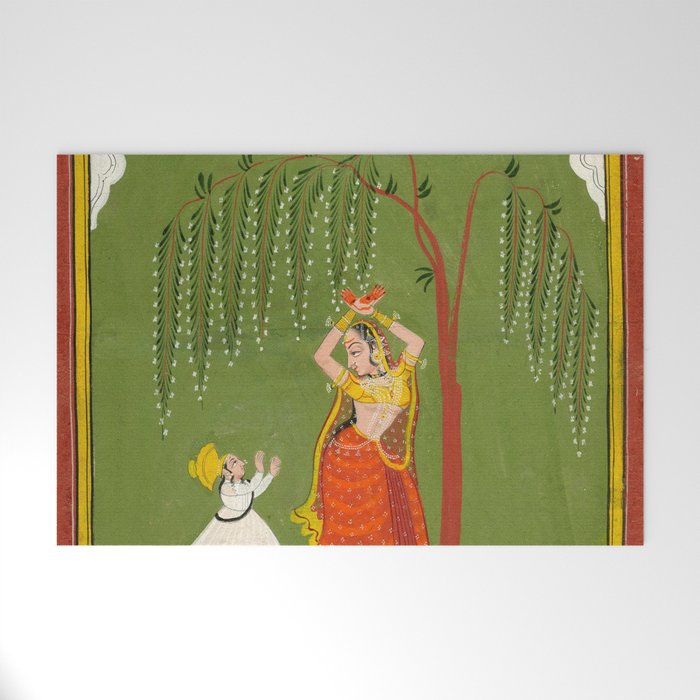 A female attendant is standing in tribhanga pose under a tree. A small child vies for her attention. Welcome Mat Gallery Image 1