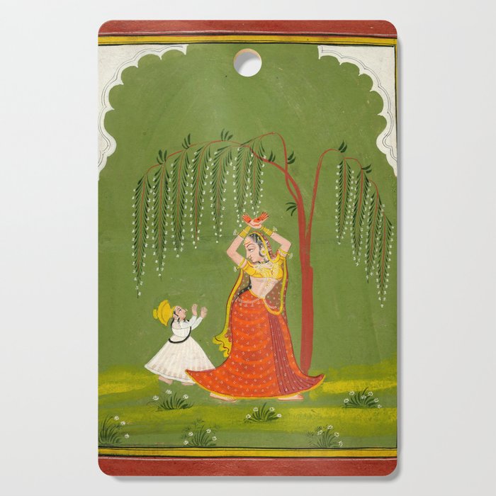 A female attendant is standing in tribhanga pose under a tree. A small child vies for her attention. Cutting Board Gallery Image 1