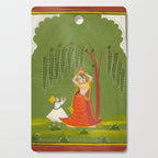 A female attendant is standing in tribhanga pose under a tree. A small child vies for her attention. Cutting Board Gallery Image 1