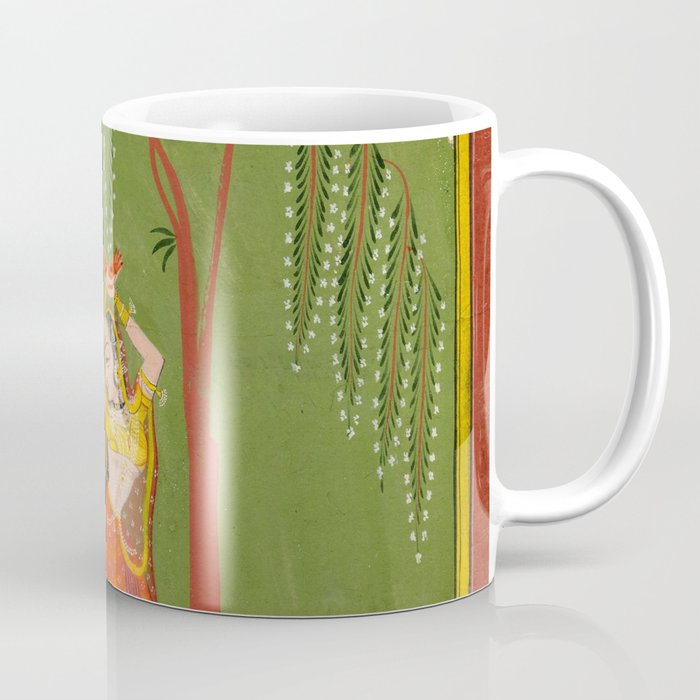 A female attendant is standing in tribhanga pose under a tree. A small child vies for her attention. Coffee Mug Gallery Image 1