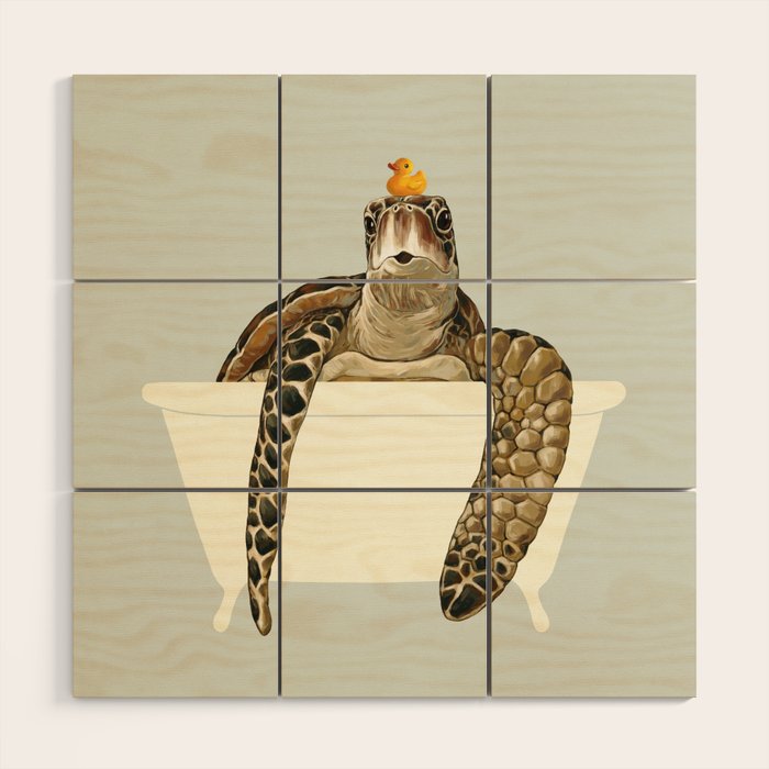 Sea Turtle in Bathtub #green Wood Wall Art Gallery Image 1