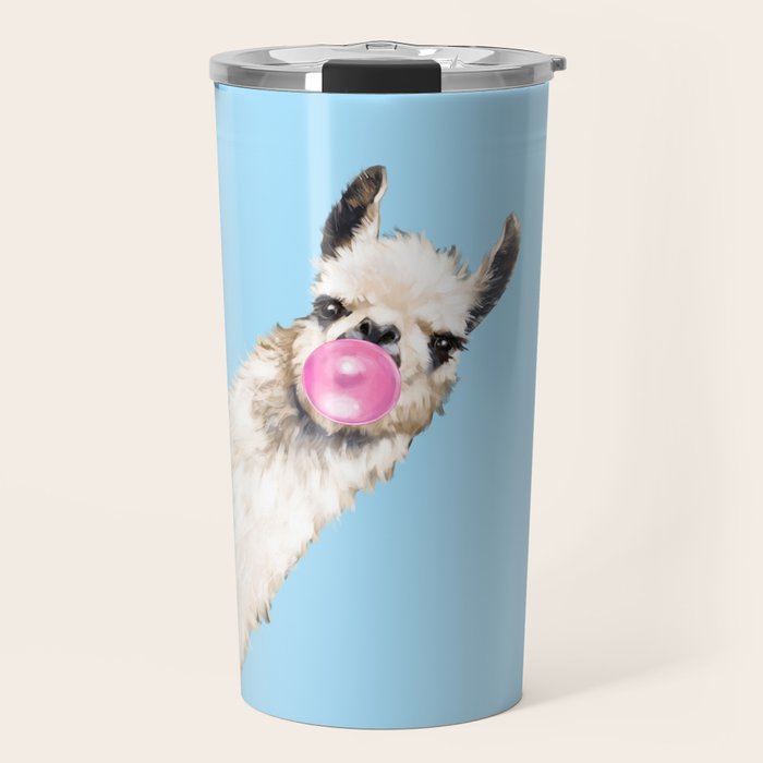 Bubble Gum Sneaky Llama in Blue Travel Mug Gallery Image 1