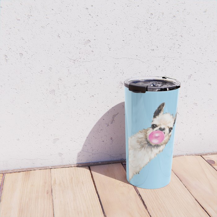 Bubble Gum Sneaky Llama in Blue Travel Mug Gallery Image 4