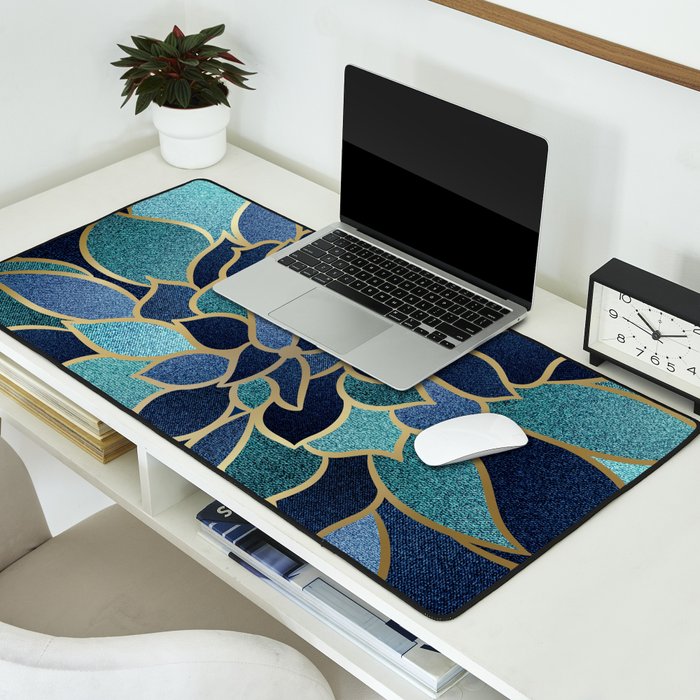 Festive, Floral Prints, Navy Blue, Teal and Gold Desk Mat Gallery Image 2