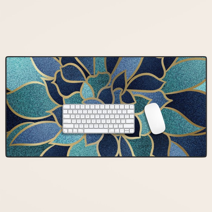 Festive, Floral Prints, Navy Blue, Teal and Gold Desk Mat Gallery Image 1