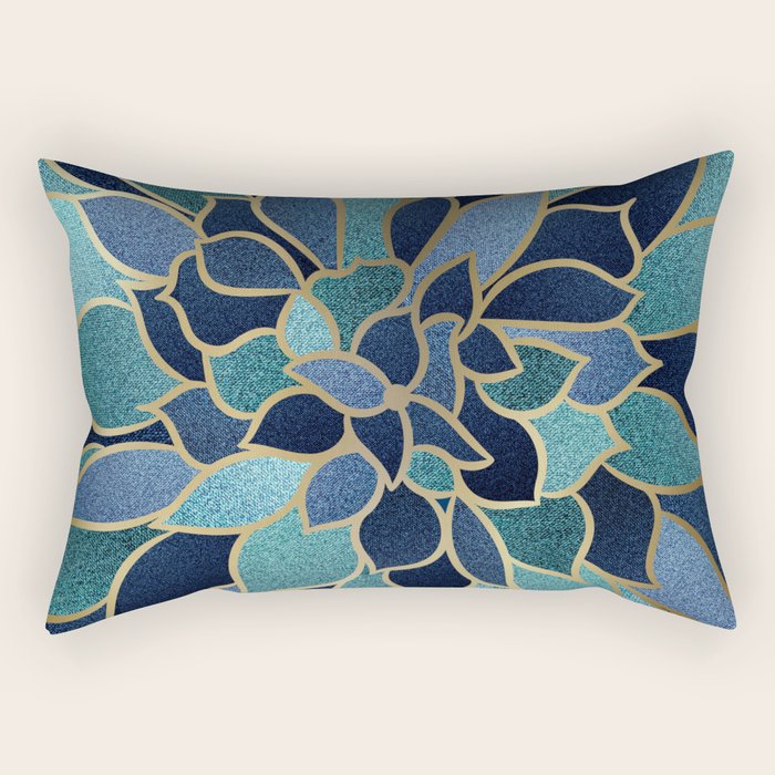 Festive, Floral Prints, Navy Blue, Teal and Gold Rectangular Pillow Gallery Image 1