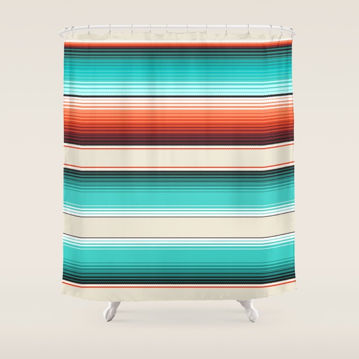 Navajo White, Turquoise and Burnt Orange Southwest Serape Blanket Stripes Shower Curtain Gallery Image 1