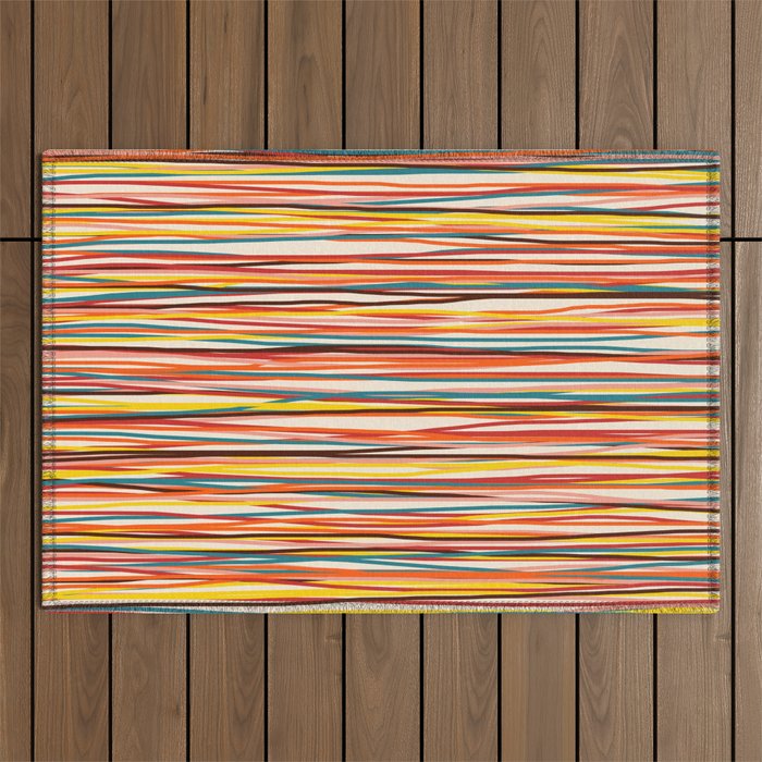 Bright Colorful Lines - Classic Abstract Minimal Retro Summer Style Stripes Outdoor Rug Gallery Image 1