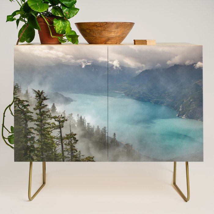 Morning sunshine over the clear mountain blue lake Credenza Gallery Image 1