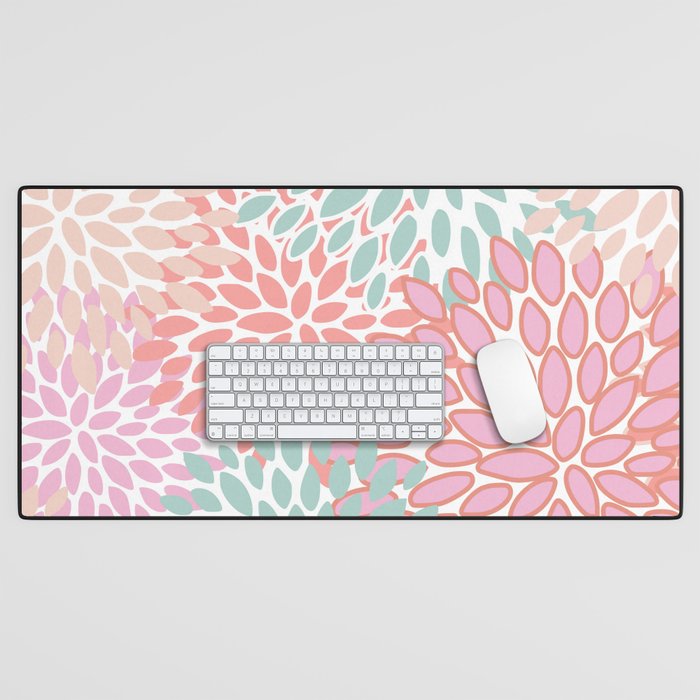 Festive, Floral Prints, Pink, Teal and Coral Desk Mat Gallery Image 1