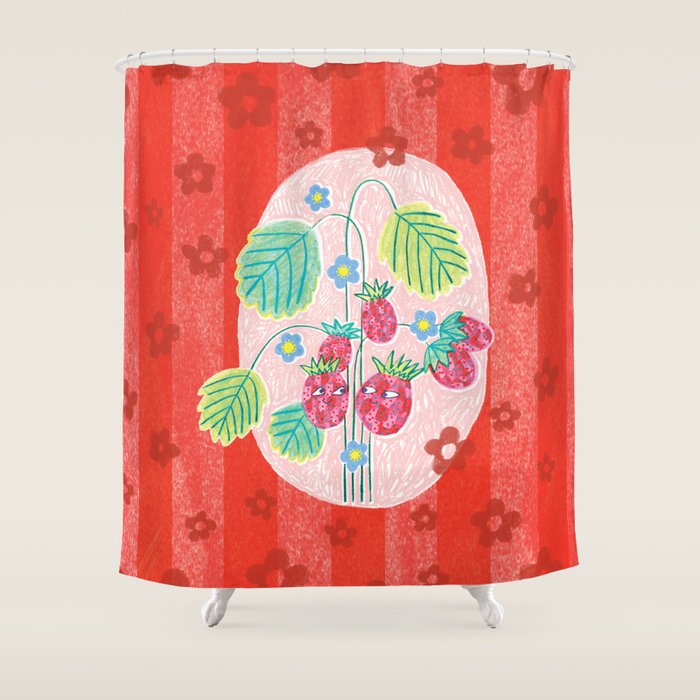 Sweet Strawberry Plant Friends in Red & Pink Shower Curtain Gallery Image 1