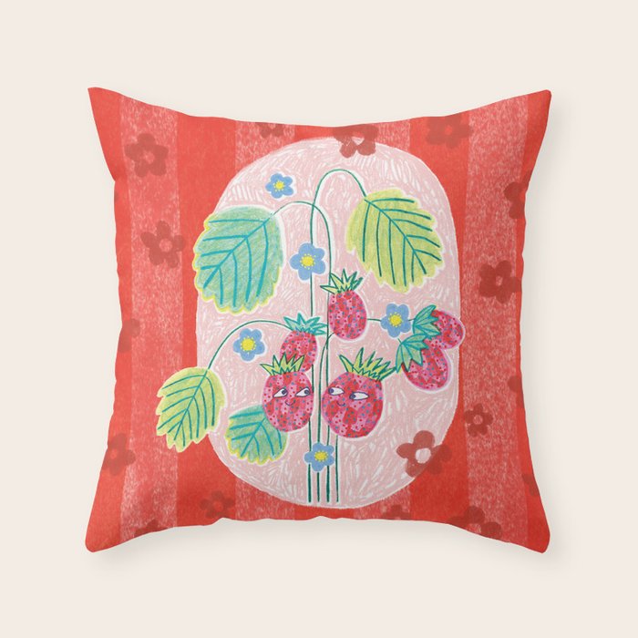 Sweet Strawberry Plant Friends in Red & Pink Throw Pillow Gallery Image 6