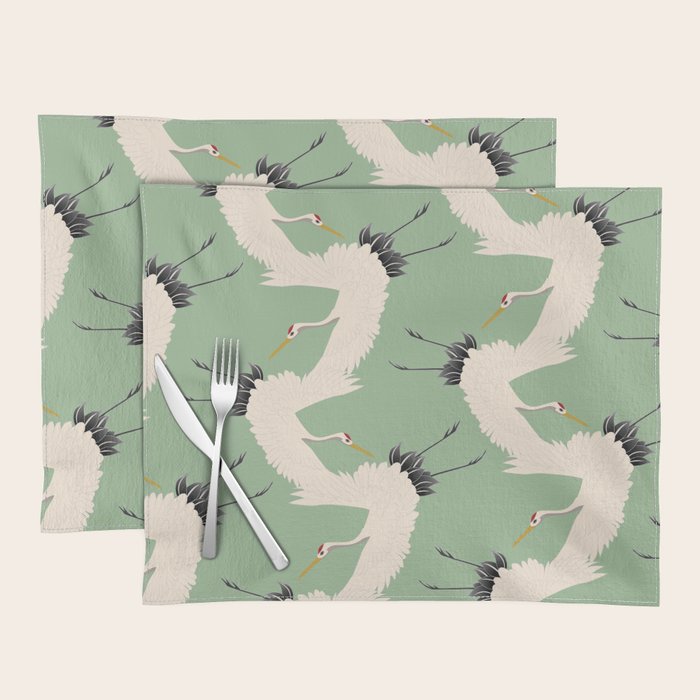 Japanese Cranes on Sage Green Background Placemat Gallery Image 1
