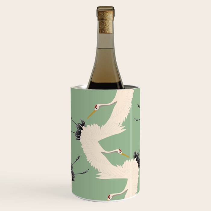 Japanese Cranes on Sage Green Background Wine Chiller Gallery Image 3