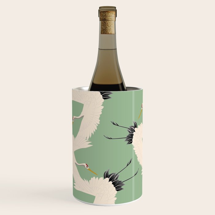 Japanese Cranes on Sage Green Background Wine Chiller Gallery Image 1
