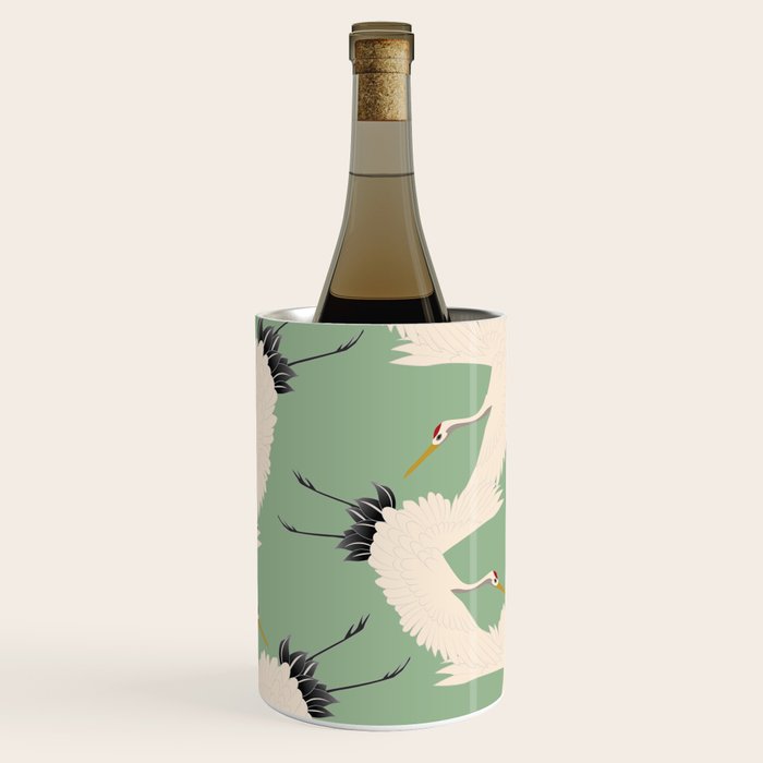 Japanese Cranes on Sage Green Background Wine Chiller Gallery Image 2