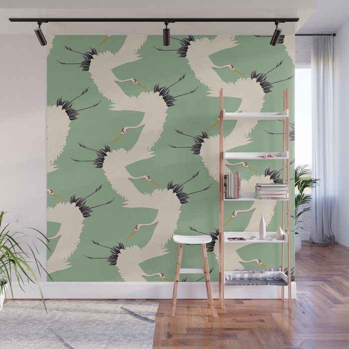 Japanese Cranes on Sage Green Background Wall Mural Gallery Image 1