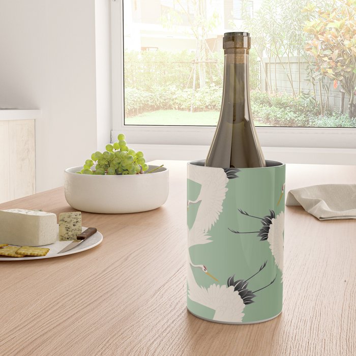 Japanese Cranes on Sage Green Background Wine Chiller Gallery Image 4