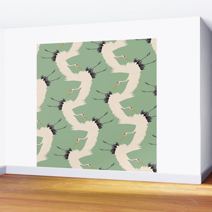 Japanese Cranes on Sage Green Background Wall Mural Gallery Image 2