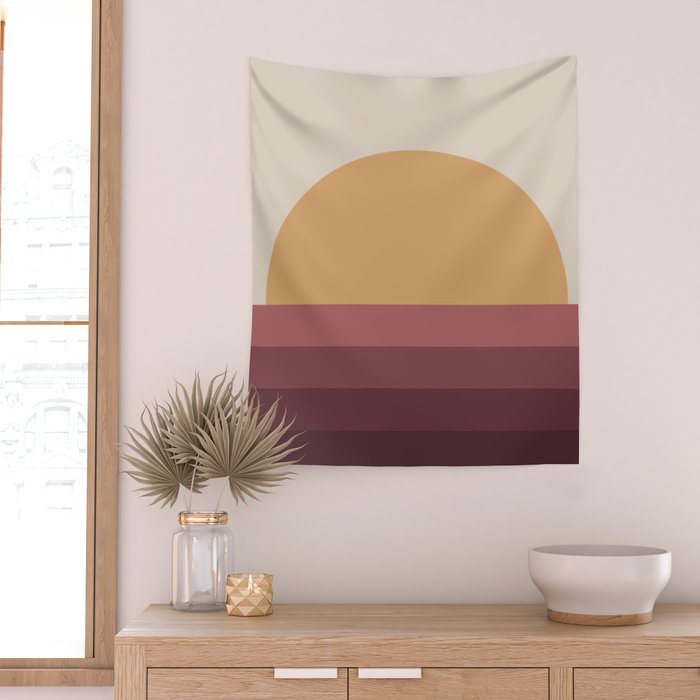 Minimal Retro Sunset Sunrise - Burgundy Ruby Red Wall Tapestry Gallery Image 2