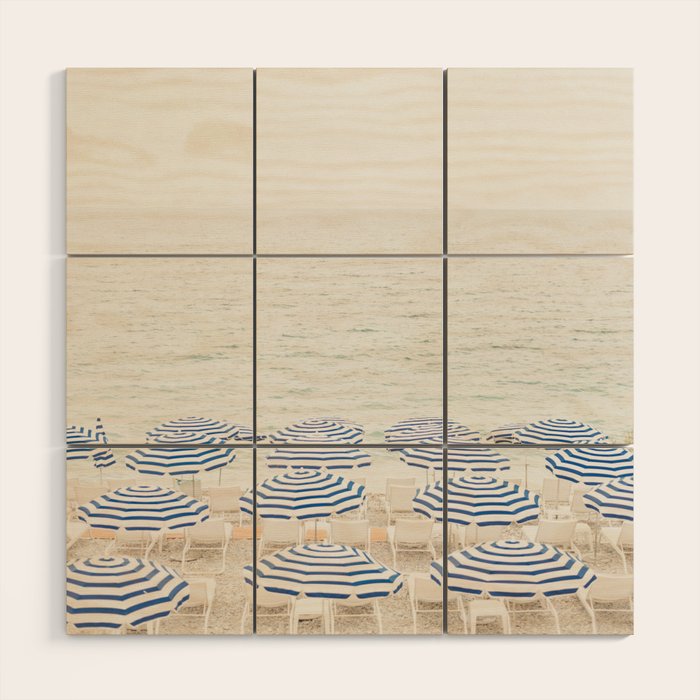 Blue Striped Umbrellas of the French Riviera | Nice, France beach photography Wood Wall Art Gallery Image 1