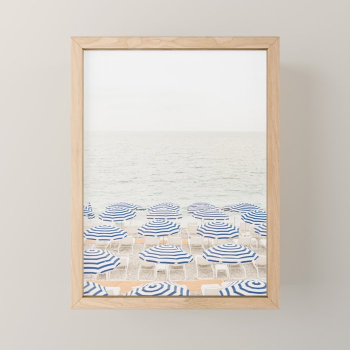 Blue Striped Umbrellas of the French Riviera | Nice, France beach photography Mini Art Print Gallery Image 1