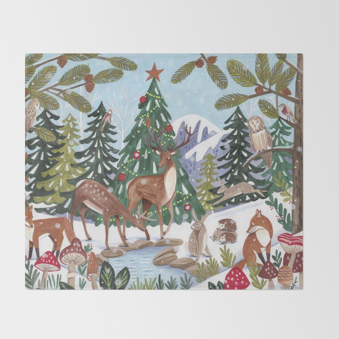 Woodland animals in the Snowy Mountain Forest Throw Blanket Gallery Image 2