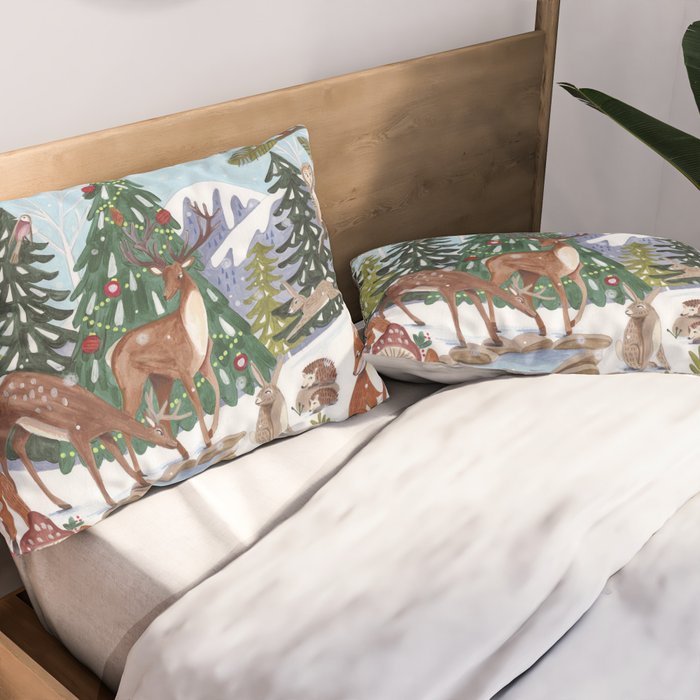 Woodland animals in the Snowy Mountain Forest Pillow Sham Gallery Image 2