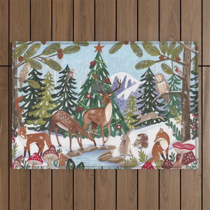 Woodland animals in the Snowy Mountain Forest Outdoor Rug Gallery Image 1