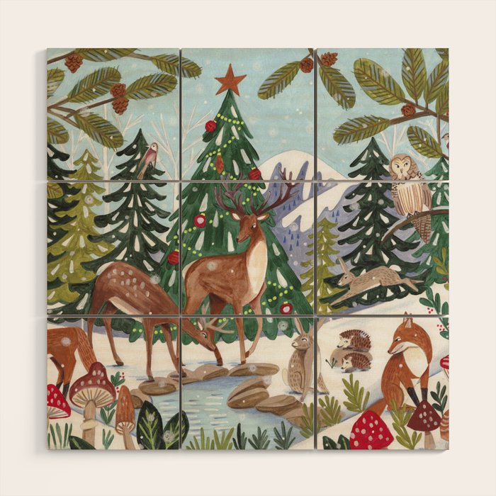 Woodland animals in the Snowy Mountain Forest Wood Wall Art Gallery Image 1