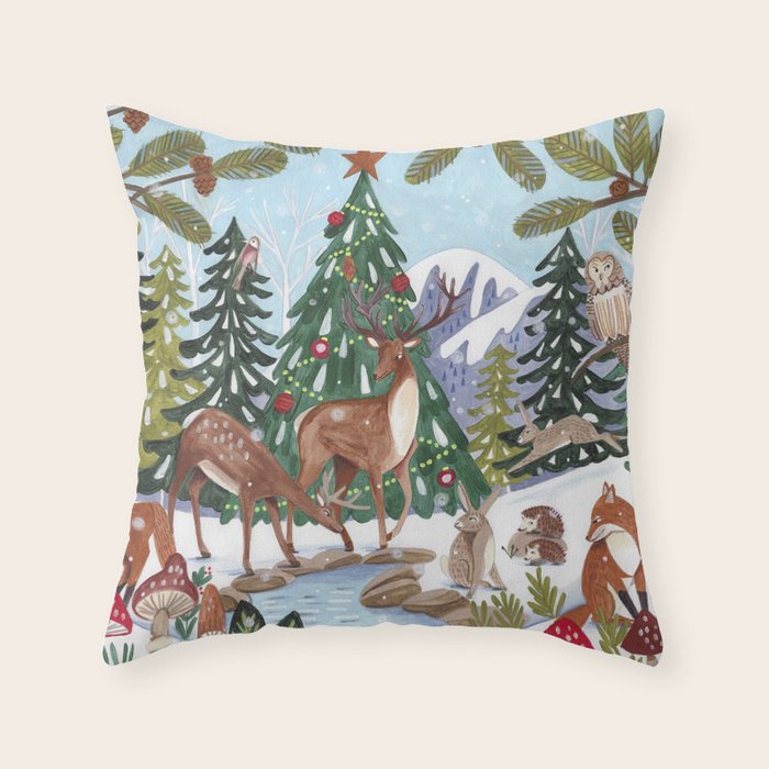 Woodland animals in the Snowy Mountain Forest Throw Pillow Gallery Image 6