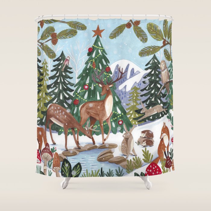 Woodland animals in the Snowy Mountain Forest Shower Curtain Gallery Image 1
