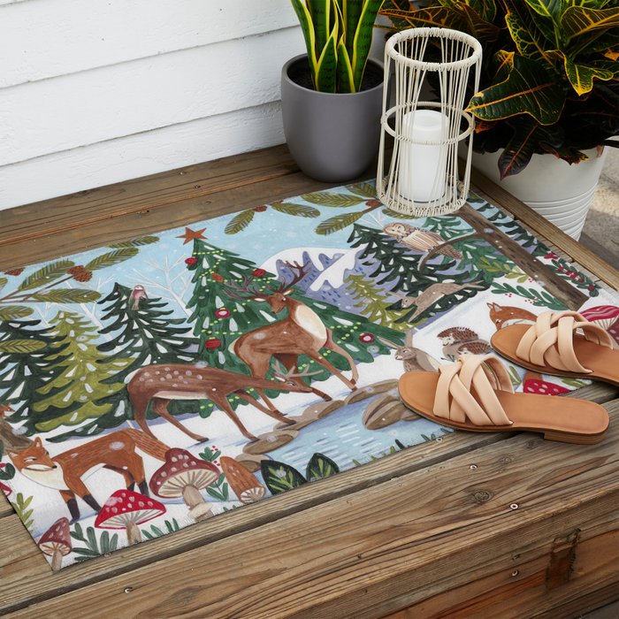 Woodland animals in the Snowy Mountain Forest Outdoor Rug Gallery Image 2