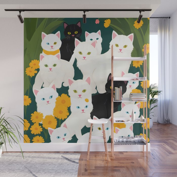 Cats Meetup, Pet Animals Cute Kittens Fall Garden, Halloween Illustration Autumn Quirky Whimsical Painting, Bohemian  Wall Mural Gallery Image 1
