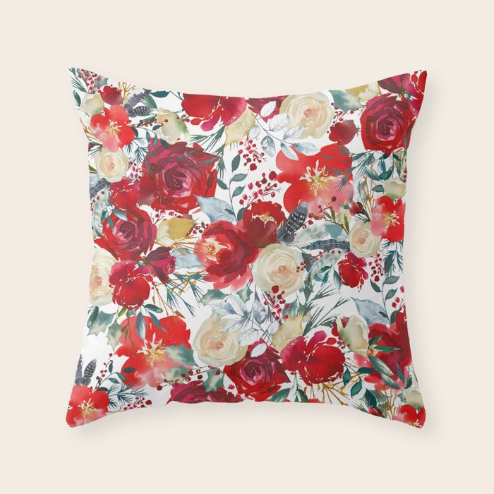 Red teal hand painted boho watercolor roses floral Throw Pillow Gallery Image 6