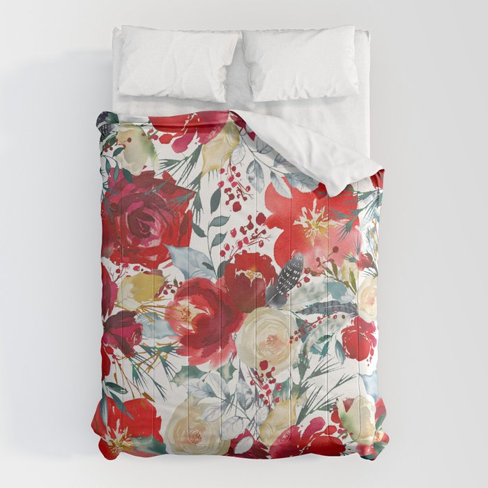 Red teal hand painted boho watercolor roses floral Comforter Gallery Image 6