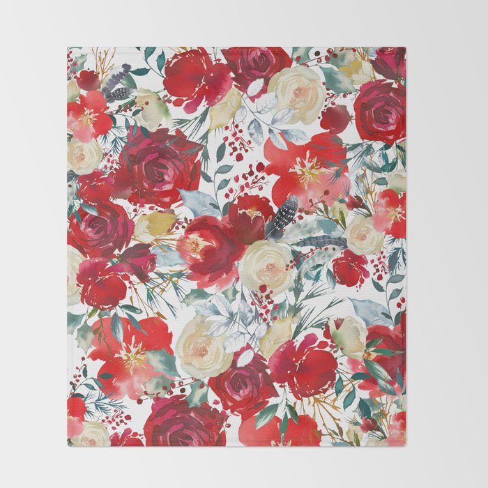 Red teal hand painted boho watercolor roses floral Throw Blanket Gallery Image 2