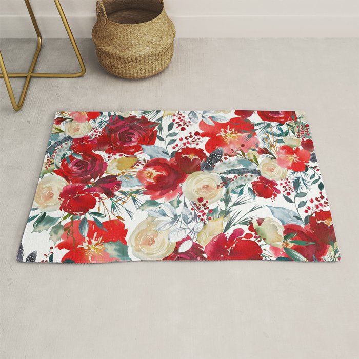 Red teal hand painted boho watercolor roses floral Rug Gallery Image 1