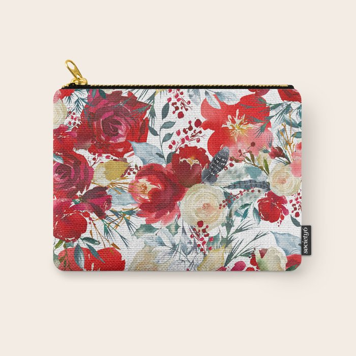 Red teal hand painted boho watercolor roses floral Carry All Pouch Gallery Image 1